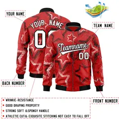 Red Varsity Star Pattern Full-Zip Letterman Bomber Jacket 2