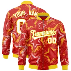 Red Varsity Star Pattern Full-Zip Letterman Bomber Jacket 1