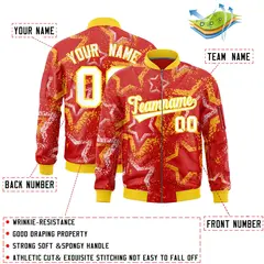 Red Varsity Star Pattern Full-Zip Letterman Bomber Jacket 2