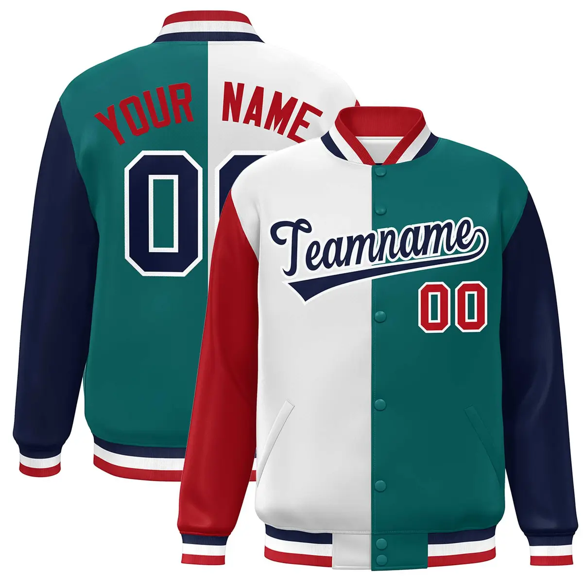 Red White Aqua-Navy Color Block Varsity Bomber Jacket