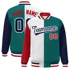 Red White Aqua-Navy Color Block Varsity Bomber Jacket