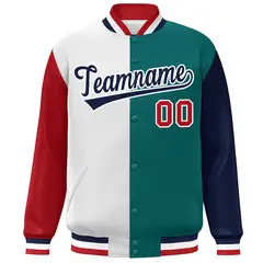 Red White Aqua-Navy Color Block Varsity Bomber Jacket 3