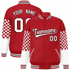 Red White-Black Checkered Color Block Bomber Varsity Jacket 1