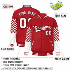 Red White-Black Checkered Color Block Bomber Varsity Jacket 2
