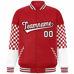 Red White-Black Checkered Color Block Bomber Varsity Jacket 3