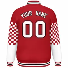 Red White-Black Checkered Color Block Bomber Varsity Jacket 4