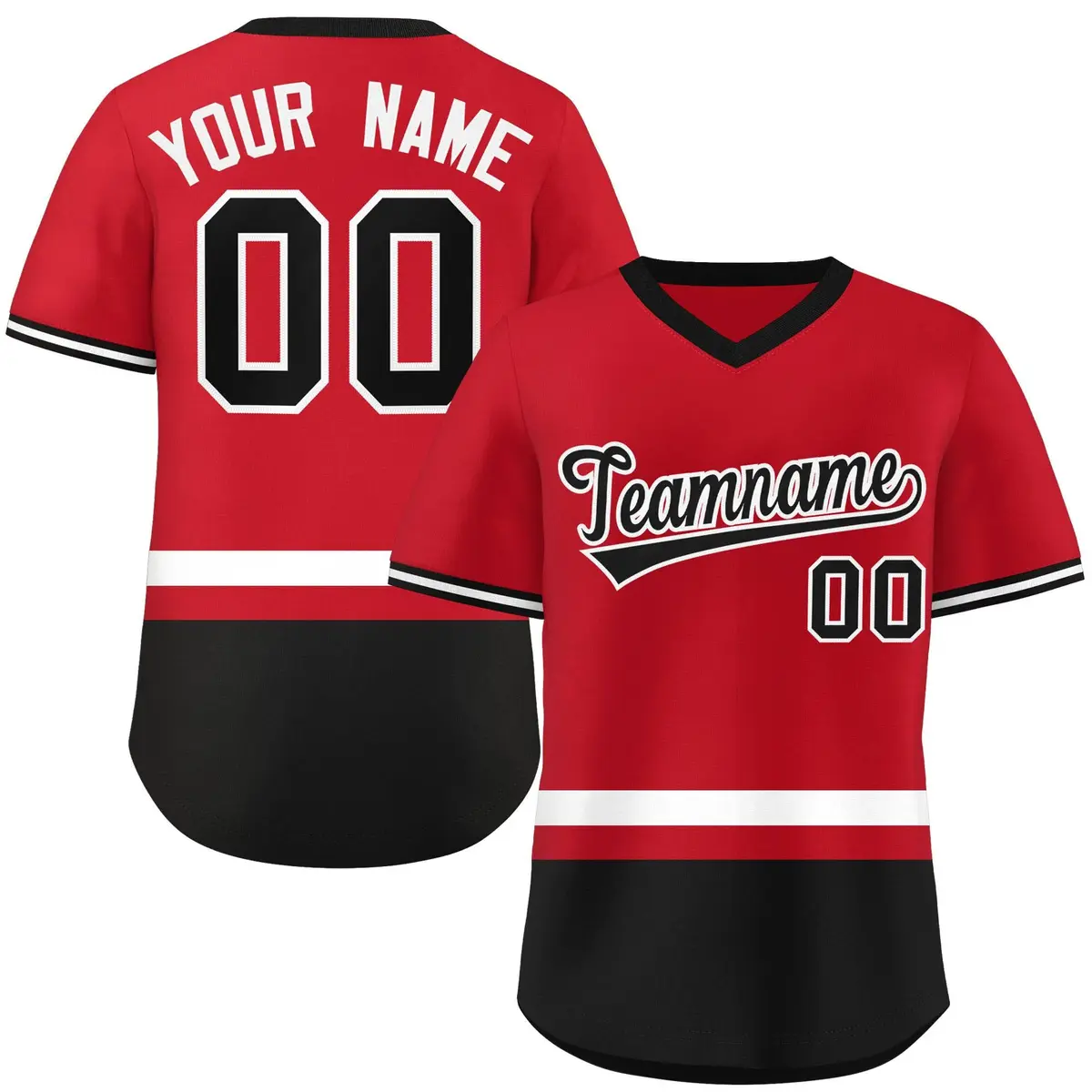 Red White-Black Color Block V-Neck Pullover Baseball Jersey