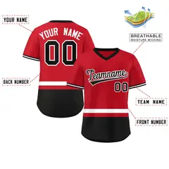 Red White-Black Color Block V-Neck Pullover Baseball Jersey 2