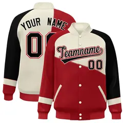 Red White-Black Color Block Varsity Full-Snap Baseball Jacket