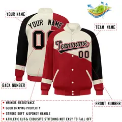 Red White-Black Color Block Varsity Full-Snap Baseball Jacket 2