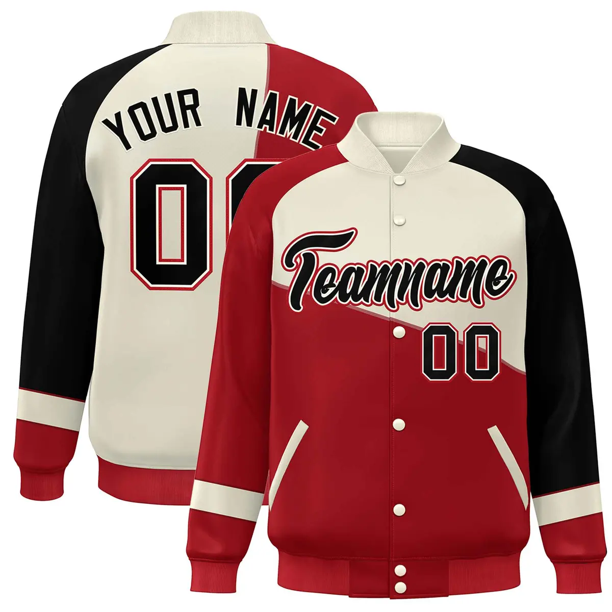 Red White-Black Color Block Varsity Full-Snap Baseball Jacket