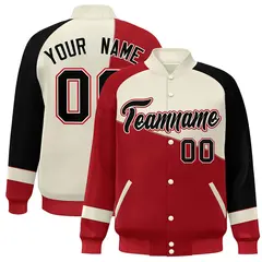 Red White-Black Color Block Varsity Full-Snap Baseball Jacket