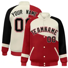 Red White-Black Color Block Varsity Full-Snap Baseball Jacket