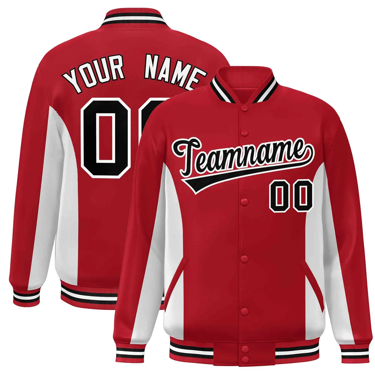 Red White-Black Full-Snap Color Block Varsity Letterman Jacket