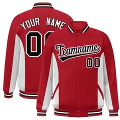 Red White-Black Full-Snap Color Block Varsity Letterman Jacket