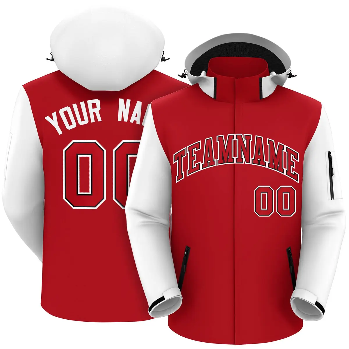 Red White-Black Raglan Sleeve Waterproof Jacket