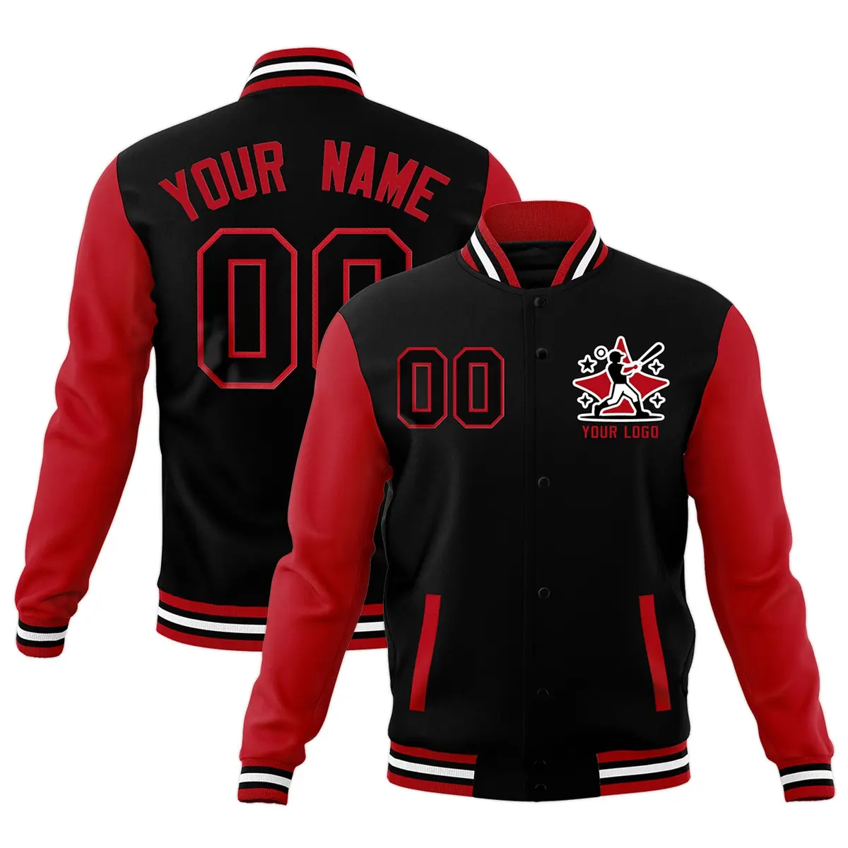 Red White Black Raglan Sleeves Full-Snap Letterman Cotton Jacket