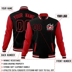 Red White Black Raglan Sleeves Full-Snap Letterman Cotton Jacket 2