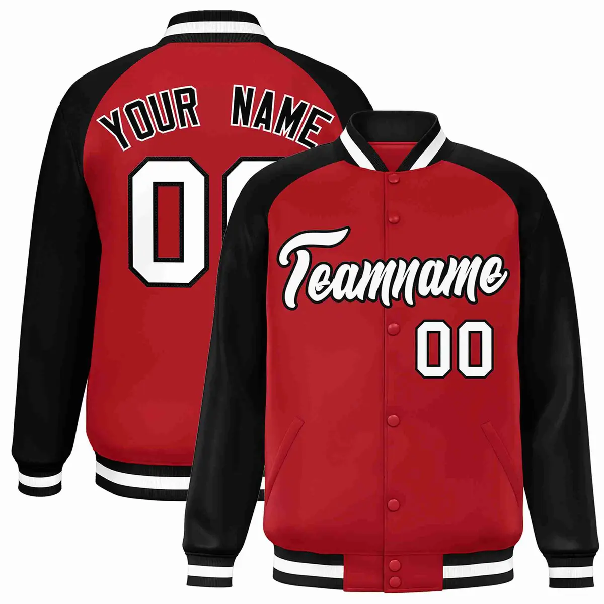 Red White-Black Raglan Sleeves Varsity Full-Snap Letterman Jacket