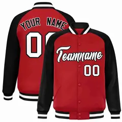 Red White-Black Raglan Sleeves Varsity Full-Snap Letterman Jacket