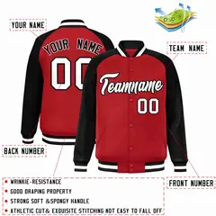 Red White-Black Raglan Sleeves Varsity Full-Snap Letterman Jacket 2