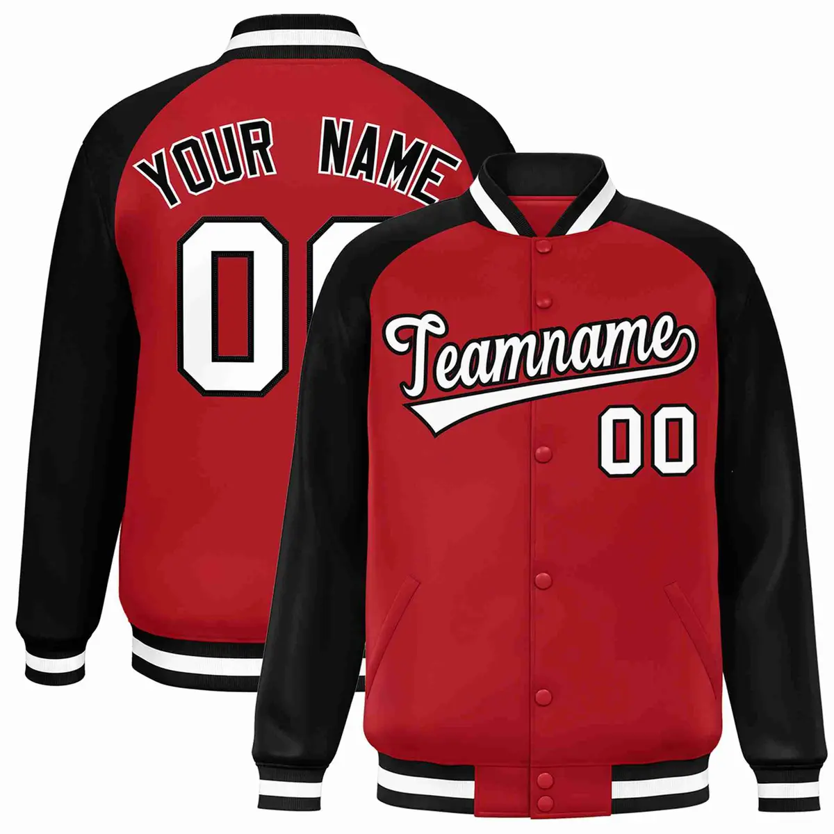 Red White-Black Raglan Sleeves Varsity Full-Snap Letterman Jacket