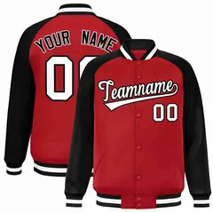 Red White-Black Raglan Sleeves Varsity Full-Snap Letterman Jacket