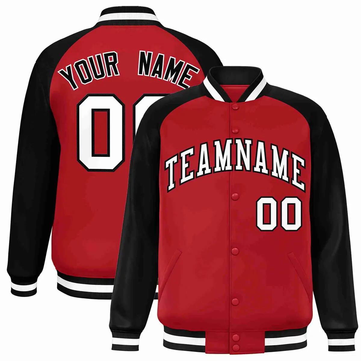Red White-Black Raglan Sleeves Varsity Full-Snap Letterman Jacket