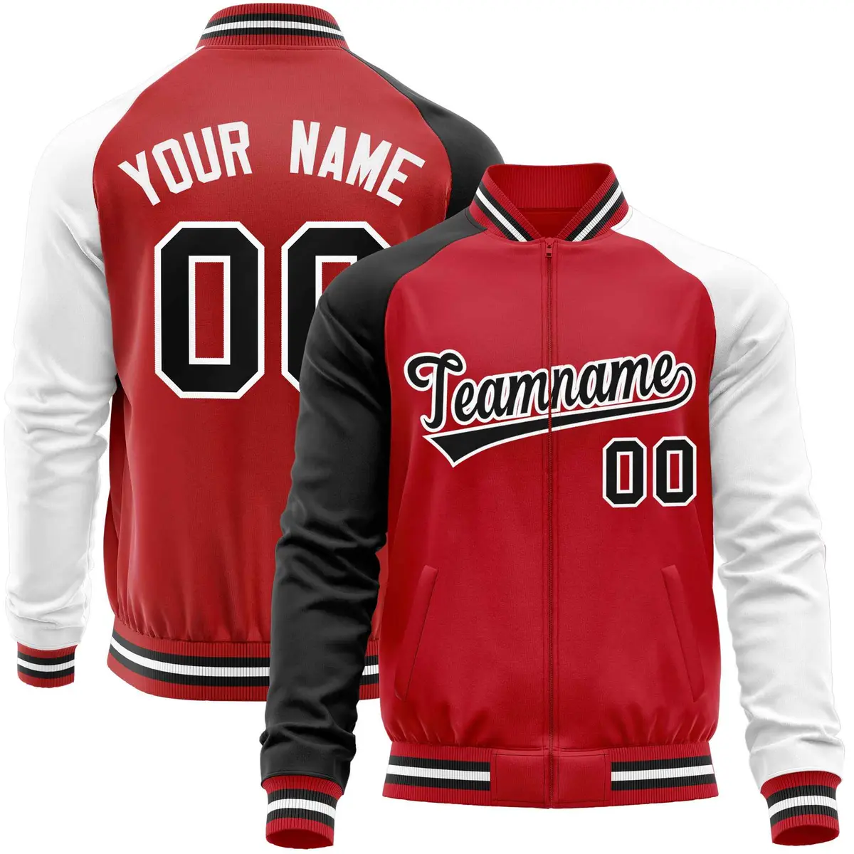 Red White-Black Raglan Sleeves Varsity Full-Zip Letterman Baseball Jacket