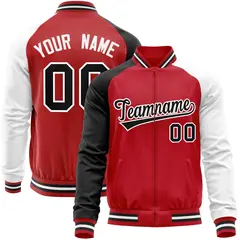 Red White-Black Raglan Sleeves Varsity Full-Zip Letterman Baseball Jacket