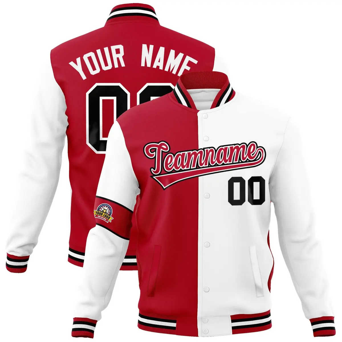 Red White Black Two Tone Split Letterman Full-Snap Jacket