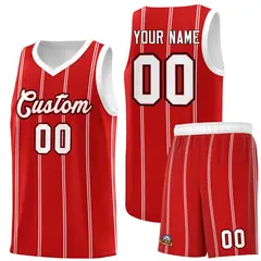 Red White Black Vertical Stripes Basketball Jersey Set