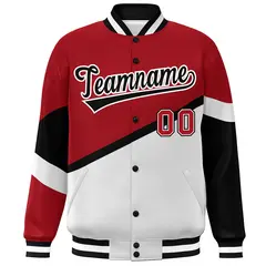 Red White Black-White Color Block Varsity Baseball Bomber Jacket 3