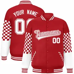Red White Checkered Color Block Varsity Bomber Jacket