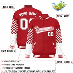 Red White Checkered Color Block Varsity Bomber Jacket 2