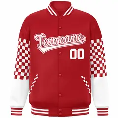 Red White Checkered Color Block Varsity Bomber Jacket 3