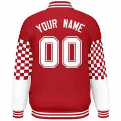 Red White Checkered Color Block Varsity Bomber Jacket 4