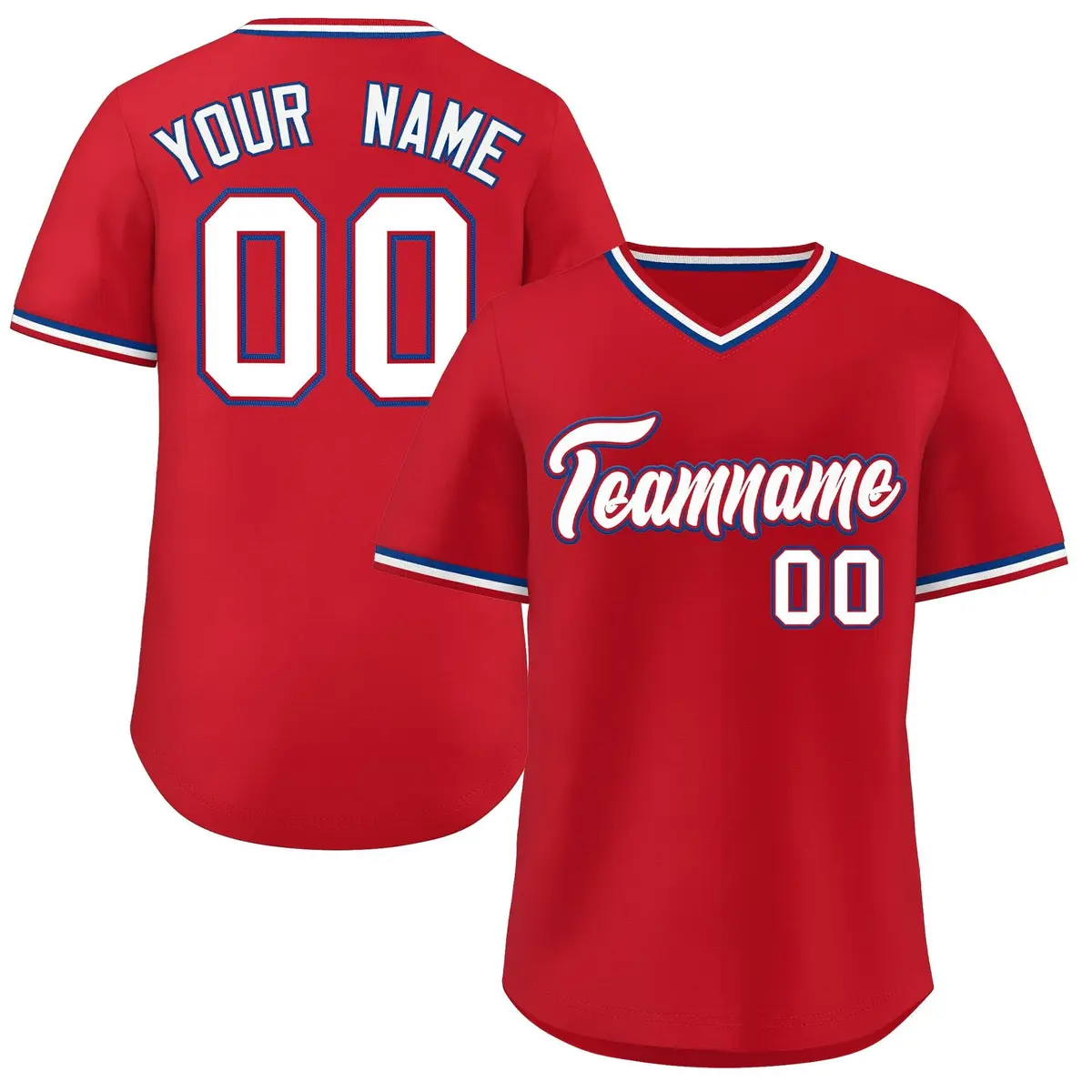 Red White Classic V-Neck Pullover Baseball Jersey