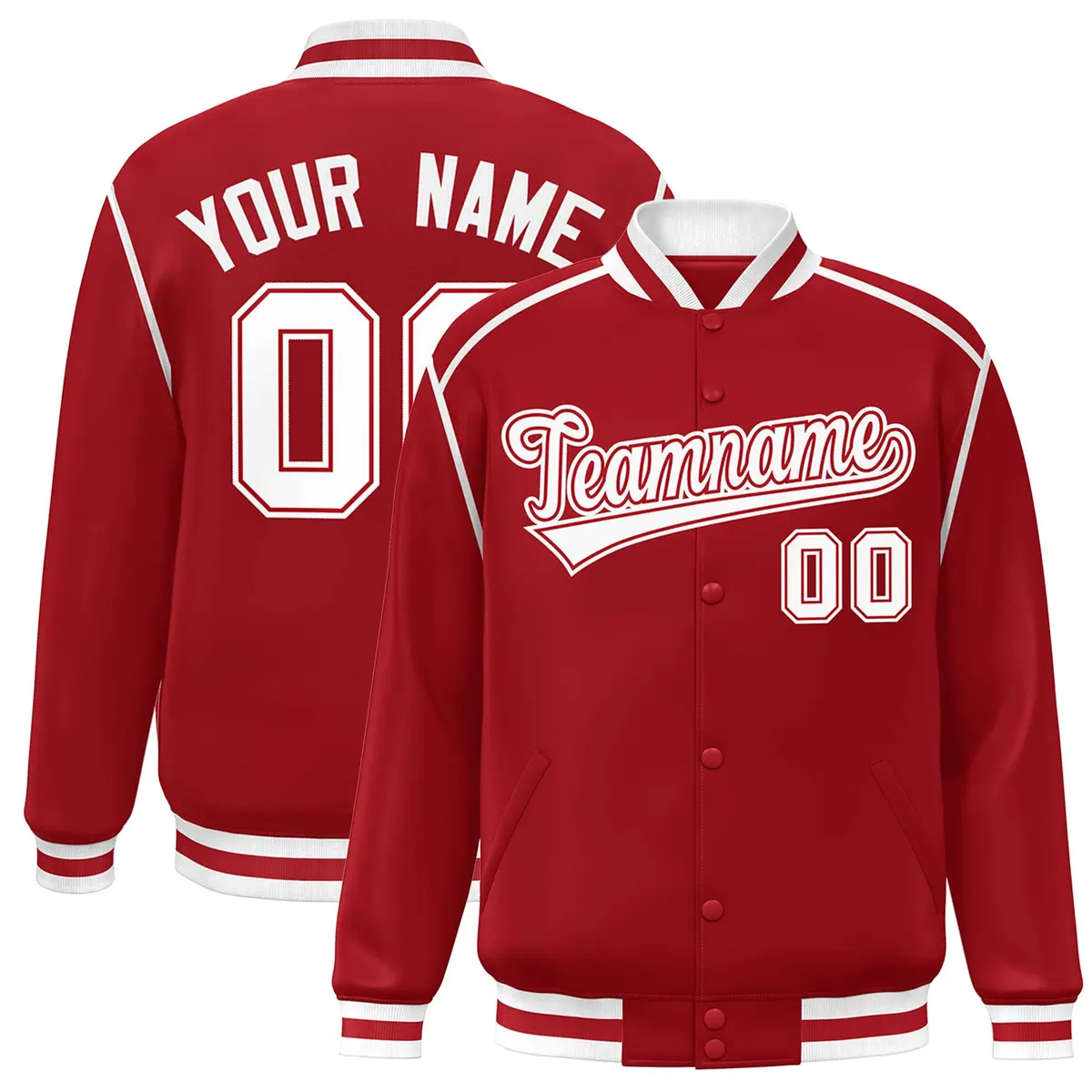 Red White Color Block Ribbon Varsity Full-Snap Bomber Jacket
