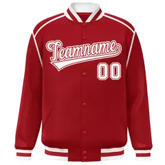 Red White Color Block Ribbon Varsity Full-Snap Bomber Jacket 3