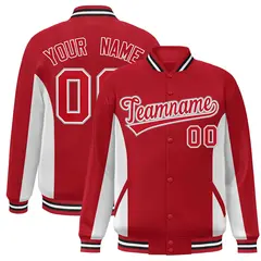 Red White Color Block Varsity Full-Snap Letterman Baseball Jacket