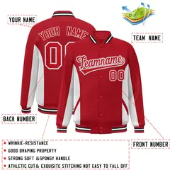Red White Color Block Varsity Full-Snap Letterman Baseball Jacket 2