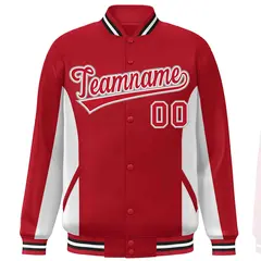 Red White Color Block Varsity Full-Snap Letterman Baseball Jacket 3