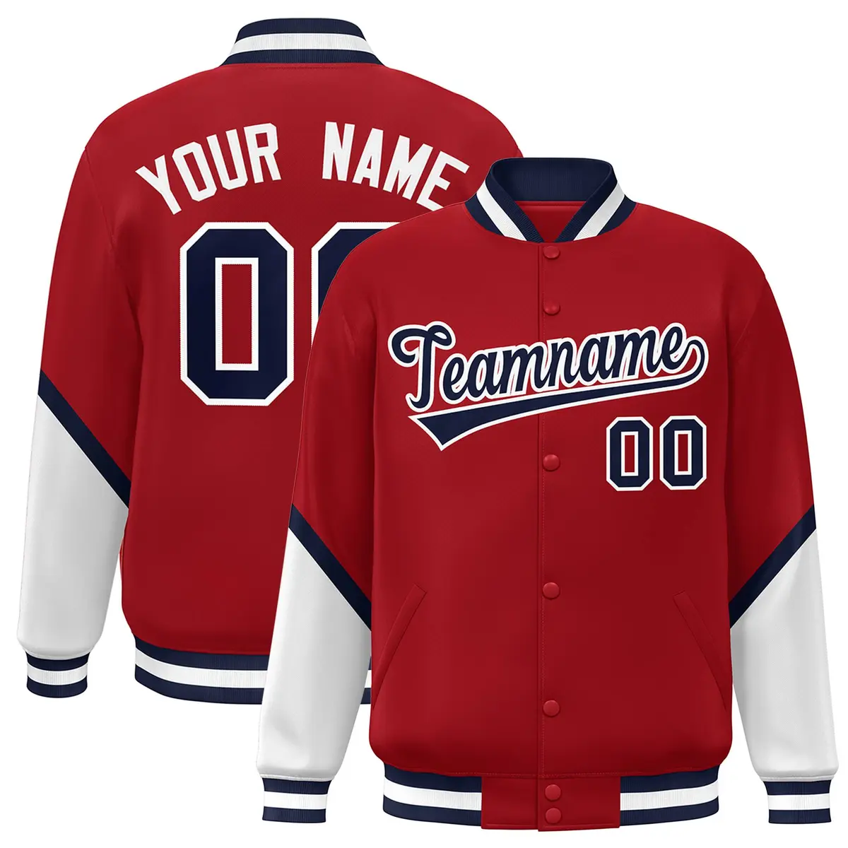 Red White Color Block Varsity Full-Snap Letterman Baseball Jacket