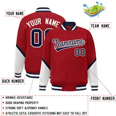 Red White Color Block Varsity Full-Snap Letterman Baseball Jacket 2