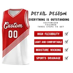 Red White Diagonal Stripes Color Block Basketball Jersey 2