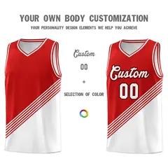 Red White Diagonal Stripes Color Block Basketball Jersey 3