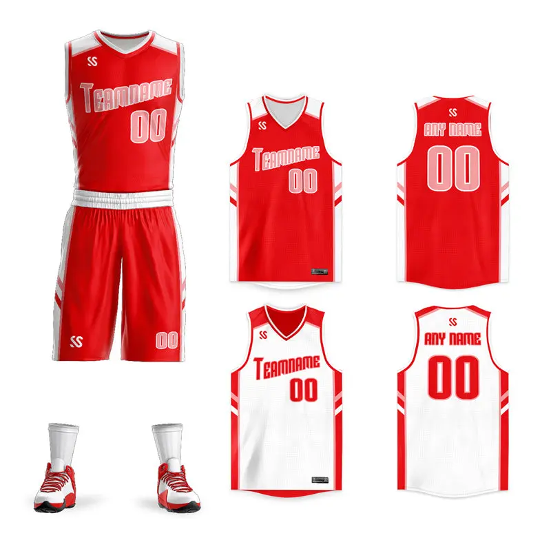 Red White Double Side Sets Men Basketball Jersey