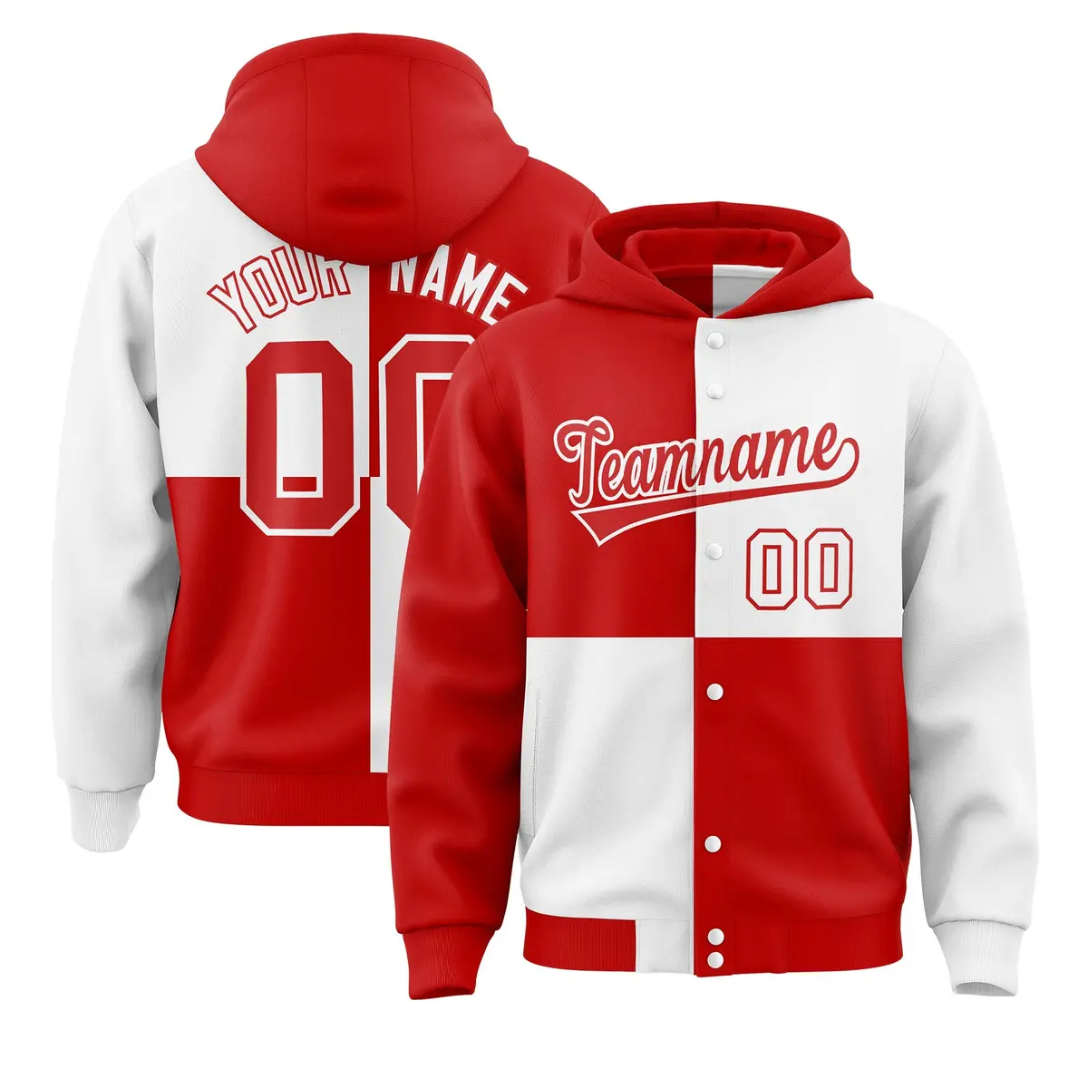 Red White Four Squares Color Block Varsity Letterman Jacket Hoodie