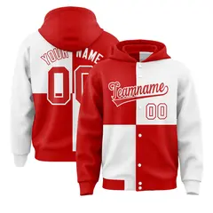 Red White Four Squares Color Block Varsity Letterman Jacket Hoodie